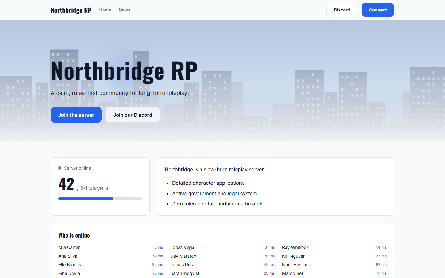 The Clean template, shown on Northbridge RP